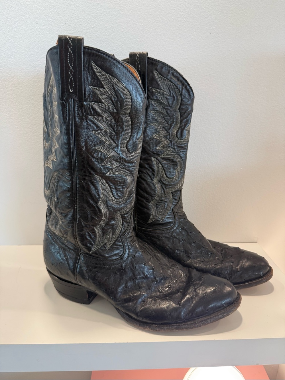 Tony Lama Black Ostrich and Leather Embossed Cowboy Boots - Men